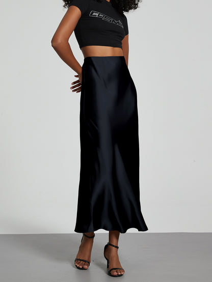Elegant Satin Midi Skirt in Solid Colors