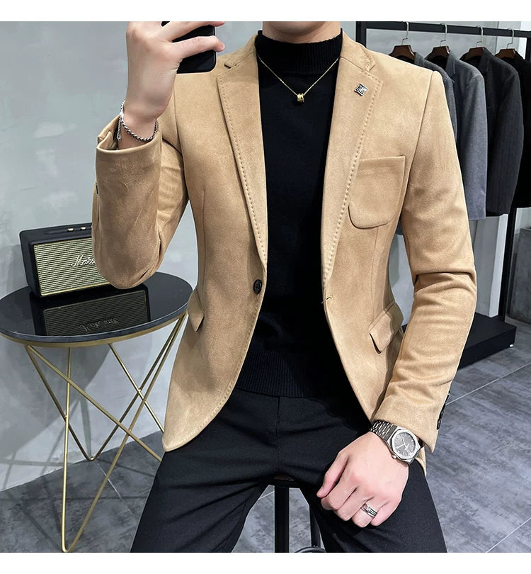 Men's Deerskin Fleece Blazer Single Button Suit Coat