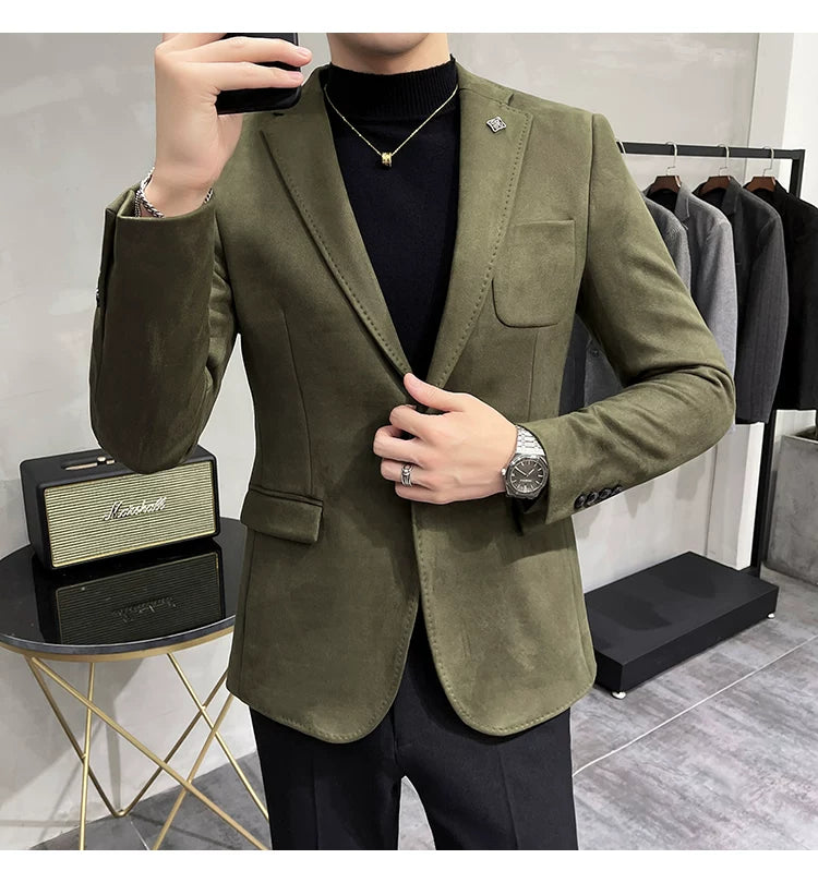 Men's Deerskin Fleece Blazer Single Button Suit Coat