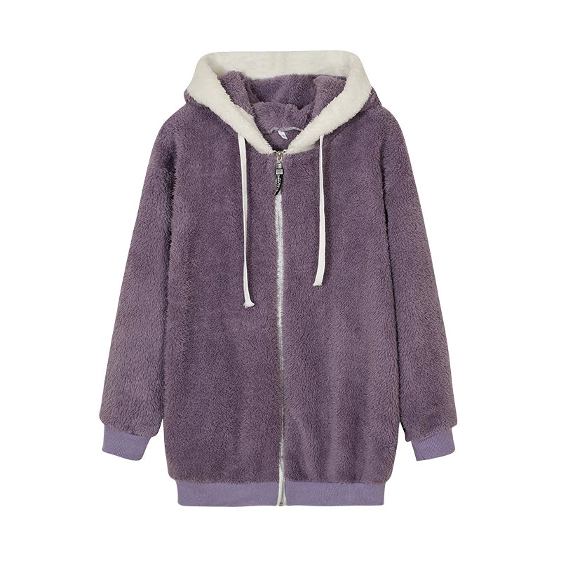 Loose Plush Zipper Hooded Jacket for Women