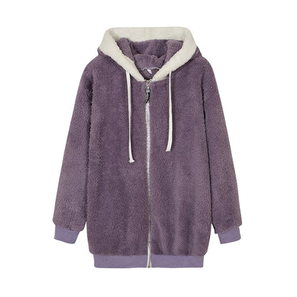 Loose Plush Zipper Hooded Jacket for Women