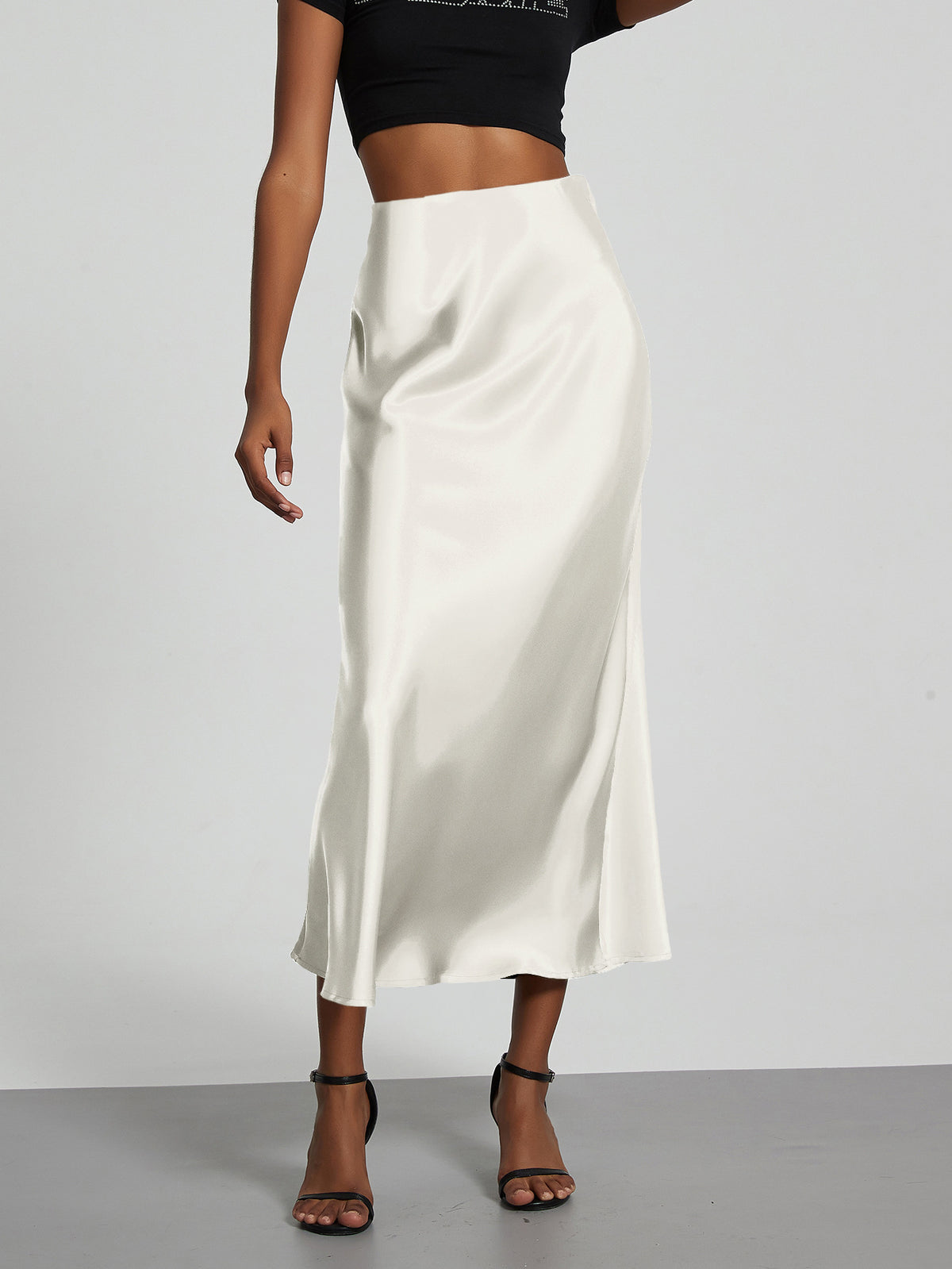 Elegant Satin Midi Skirt in Solid Colors