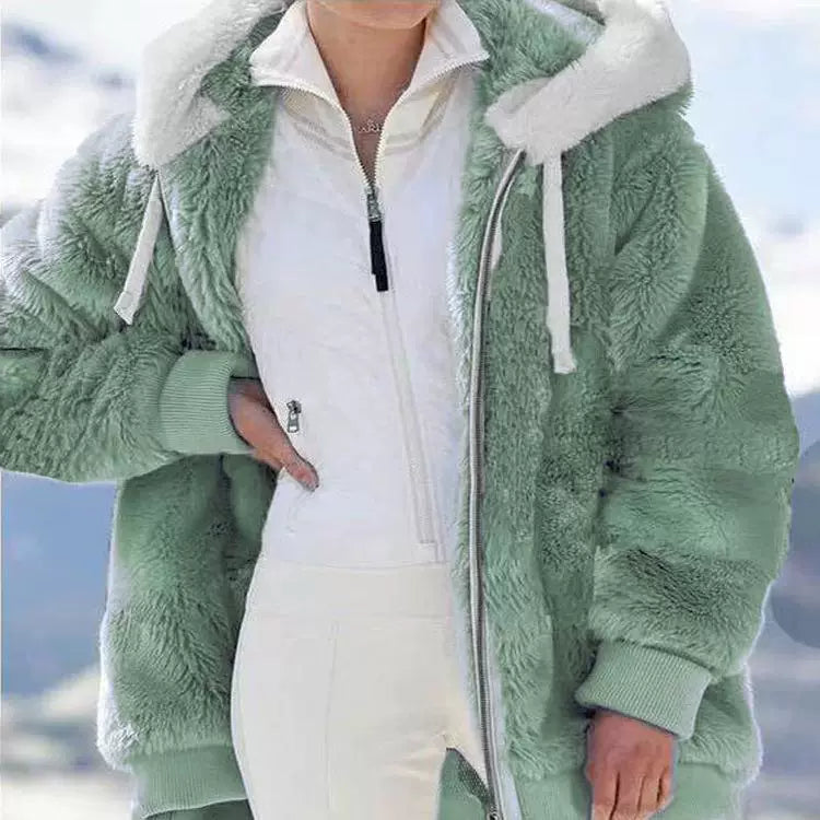 Loose Plush Zipper Hooded Jacket for Women