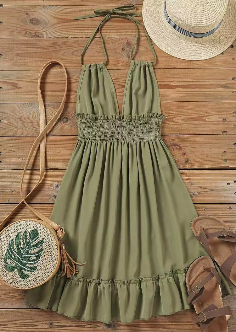 Deep V Rope Suspender Pleated Dress in Olive Green