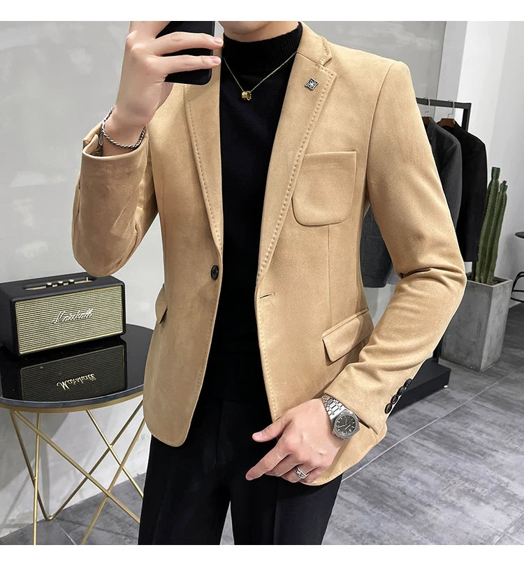 Men's Deerskin Fleece Blazer Single Button Suit Coat