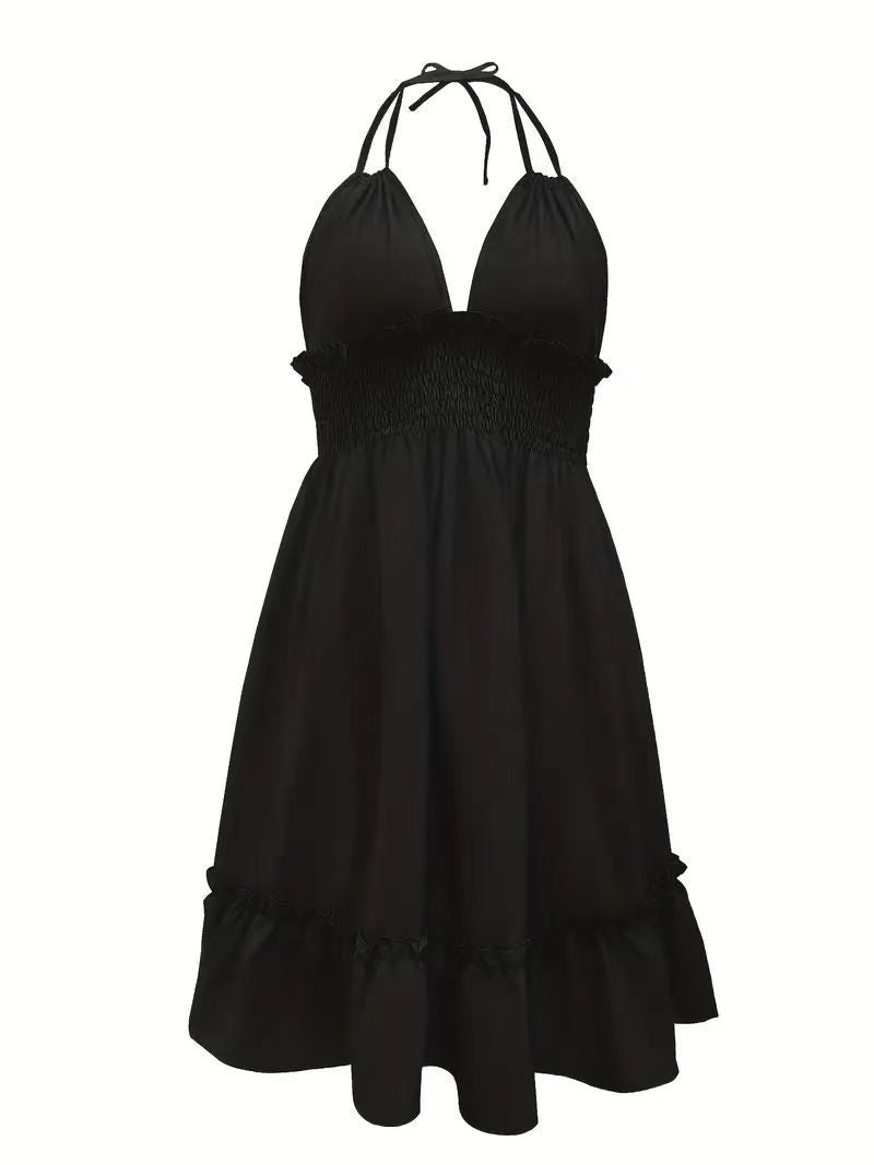 Deep V Rope Suspender Pleated Dress in Olive Green