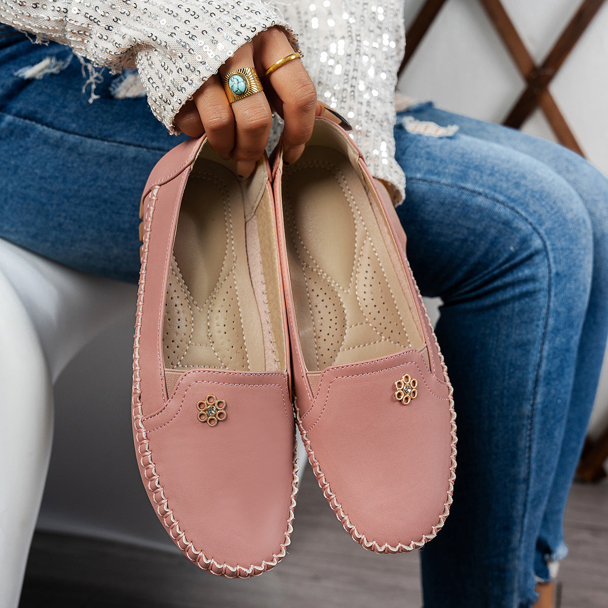 Large Size Women's Loafers in PU - Camel Color