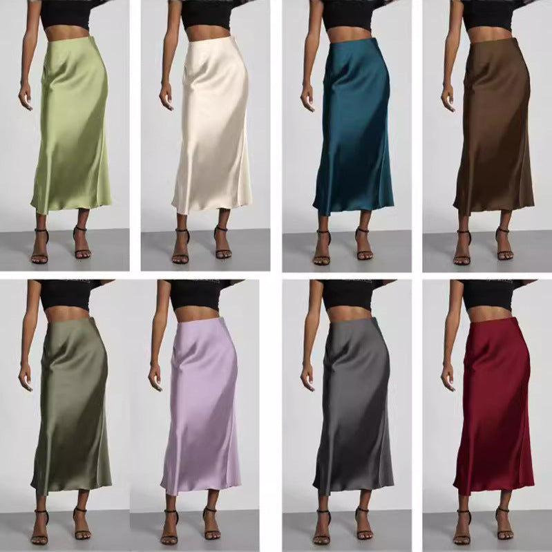 Elegant Satin Midi Skirt in Solid Colors
