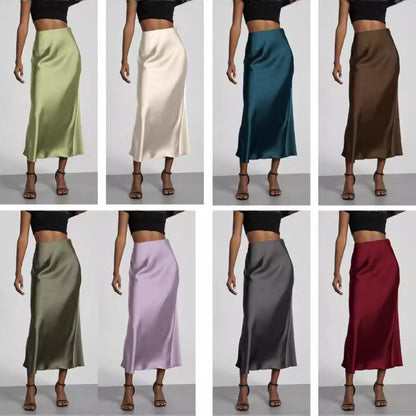 Elegant Satin Midi Skirt in Solid Colors