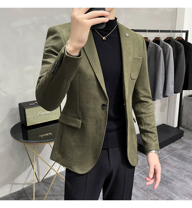 Men's Deerskin Fleece Blazer Single Button Suit Coat