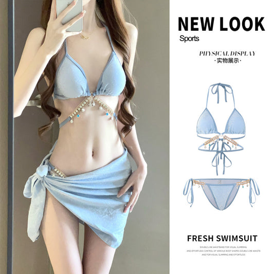 Sky Blue Triangle Bikini with Diamond Chain Detail