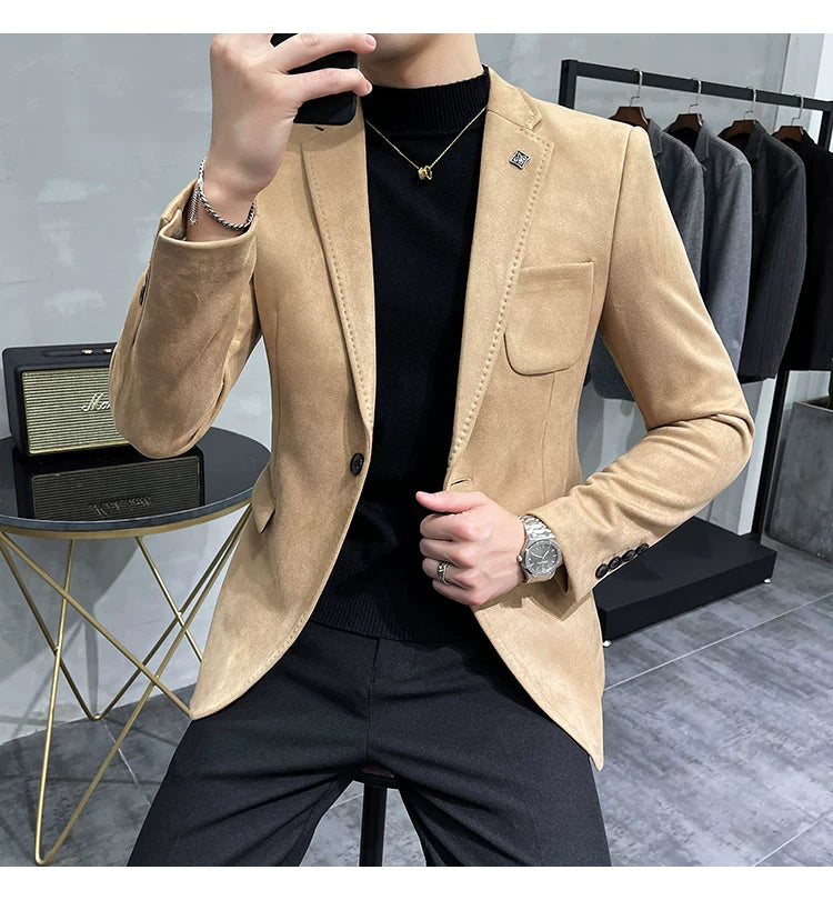 Men's Deerskin Fleece Blazer Single Button Suit Coat