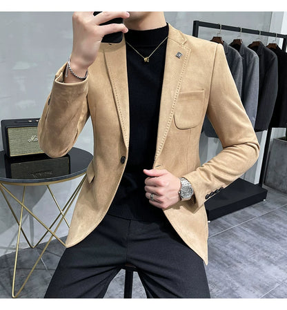 Men's Deerskin Fleece Blazer Single Button Suit Coat