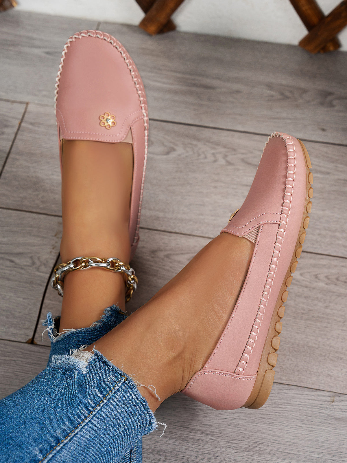 Large Size Women's Loafers in PU - Camel Color