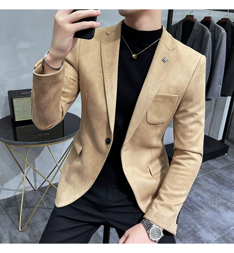 Men's Deerskin Fleece Blazer Single Button Suit Coat