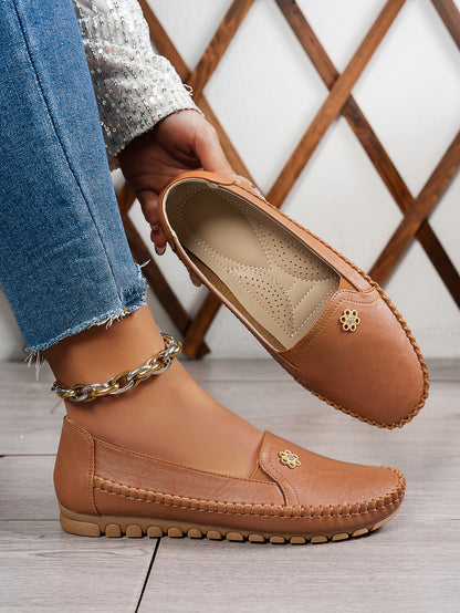 Large Size Women's Loafers in PU - Camel Color