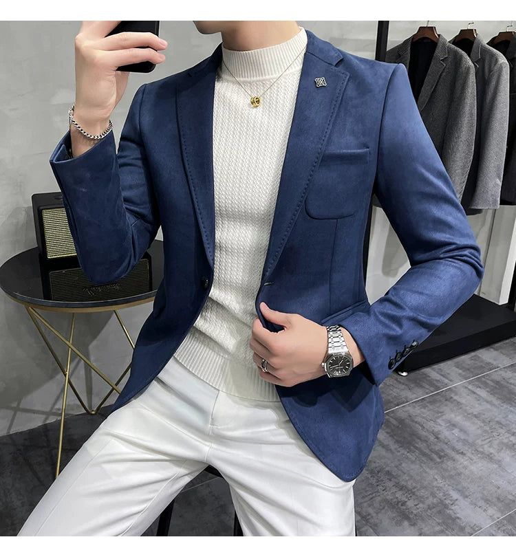 Men's Deerskin Fleece Blazer Single Button Suit Coat
