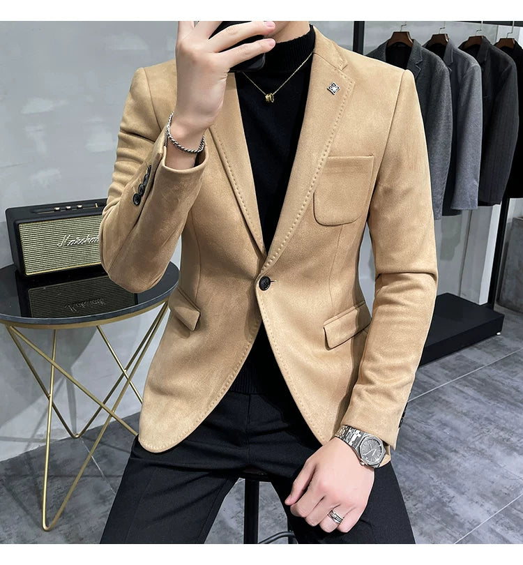 Men's Deerskin Fleece Blazer Single Button Suit Coat