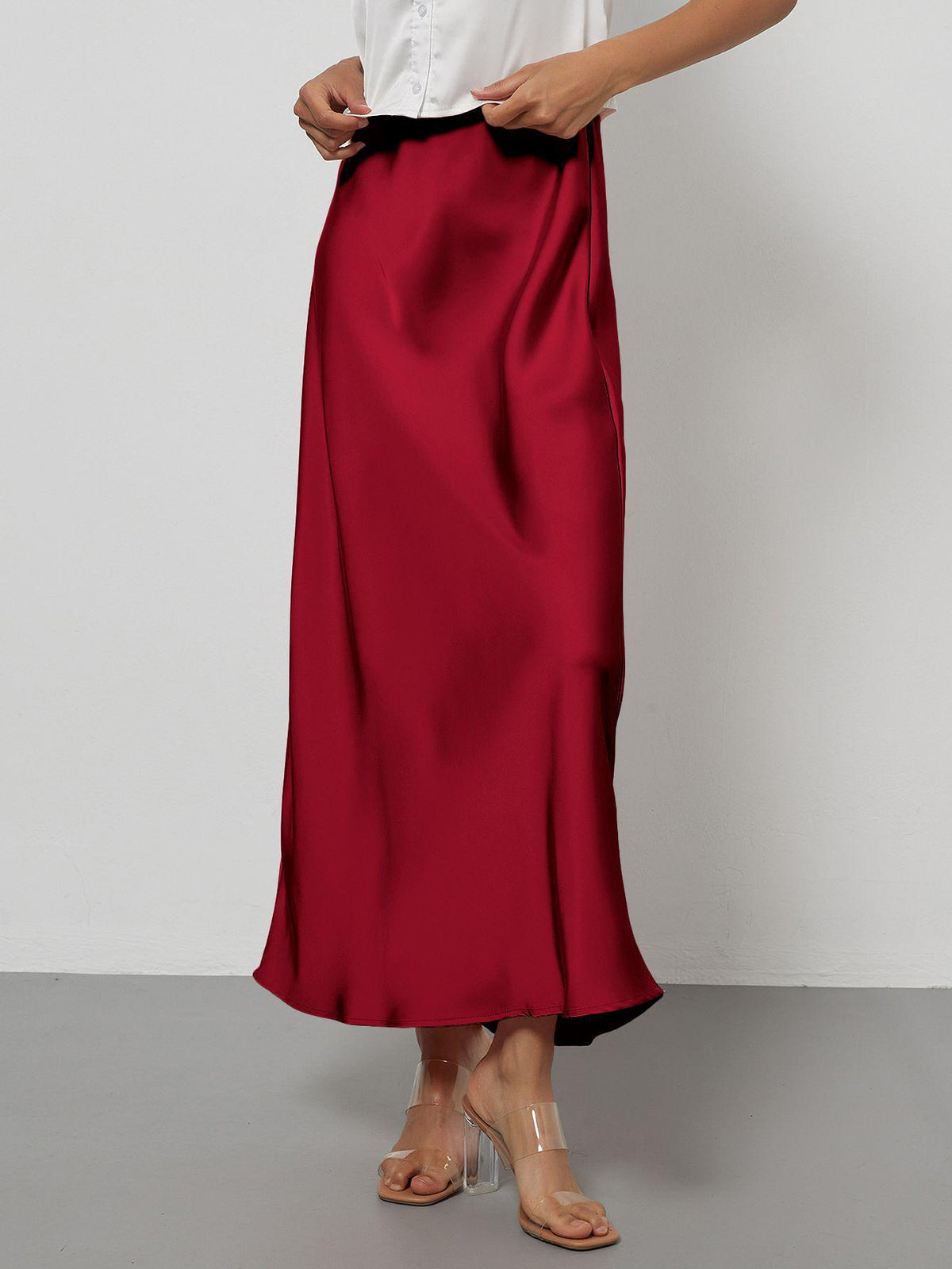 Elegant Satin Midi Skirt in Solid Colors
