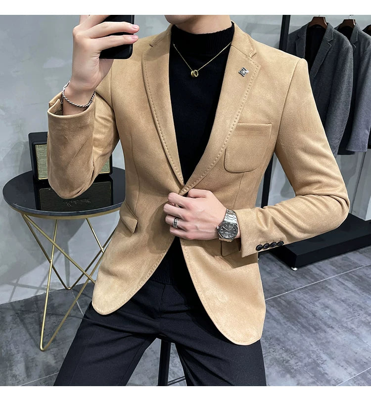 Men's Deerskin Fleece Blazer Single Button Suit Coat