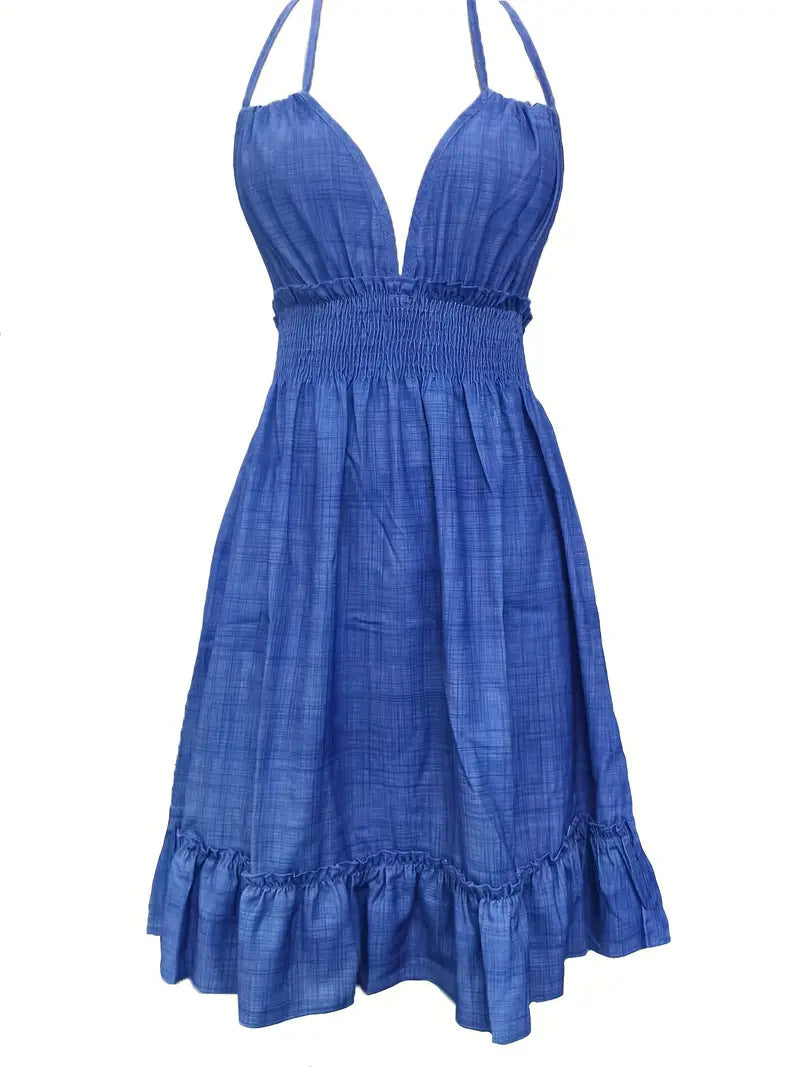 Deep V Rope Suspender Pleated Dress in Olive Green