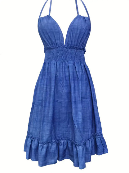 Deep V Rope Suspender Pleated Dress in Olive Green