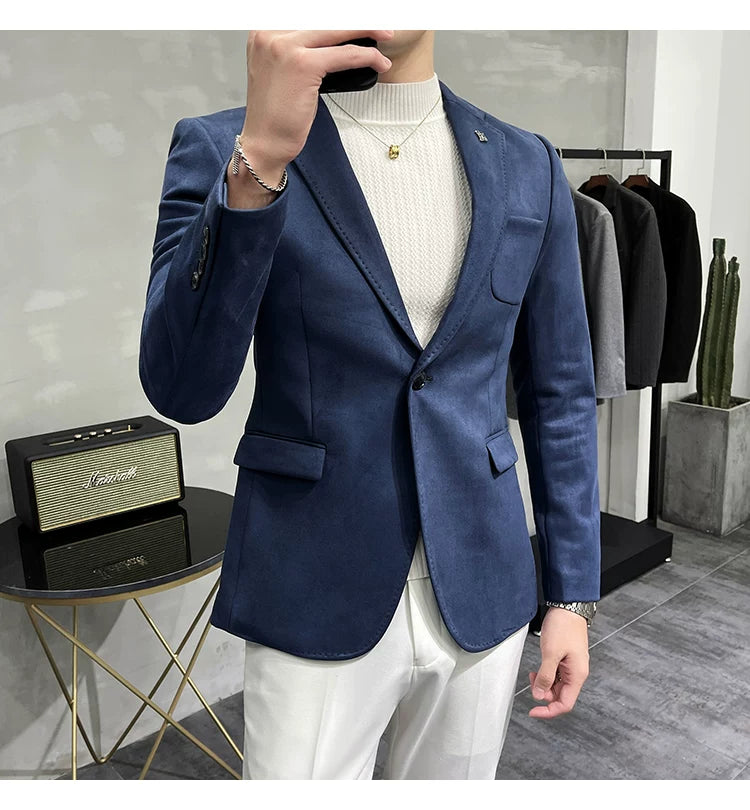 Men's Deerskin Fleece Blazer Single Button Suit Coat