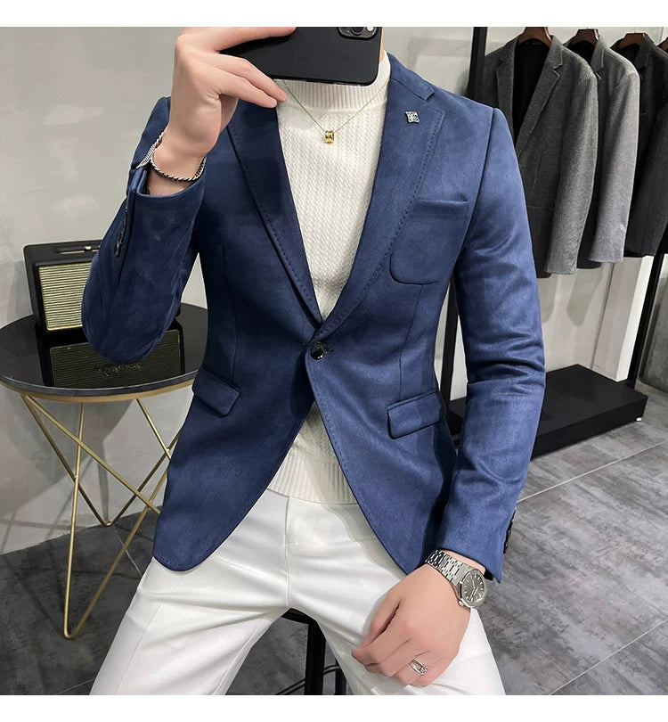 Men's Deerskin Fleece Blazer Single Button Suit Coat