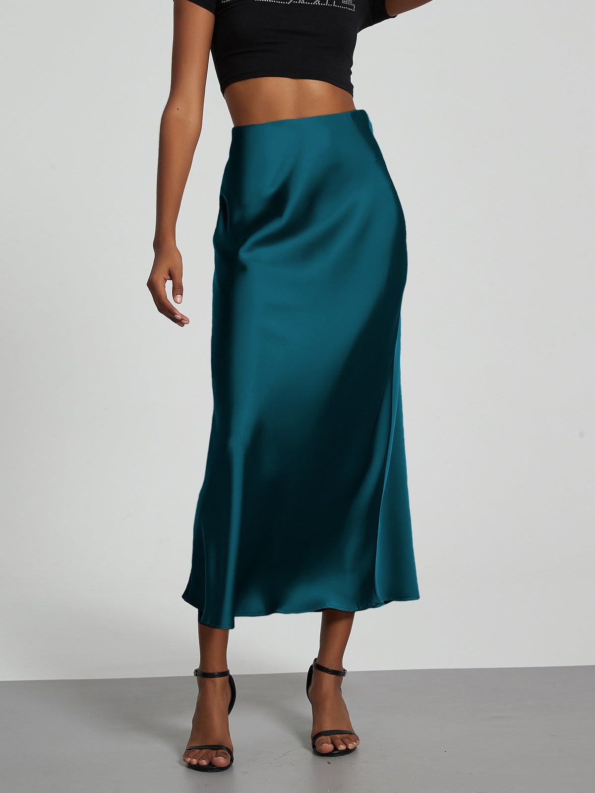 Elegant Satin Midi Skirt in Solid Colors