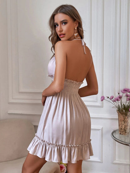 Deep V Rope Suspender Pleated Dress in Olive Green