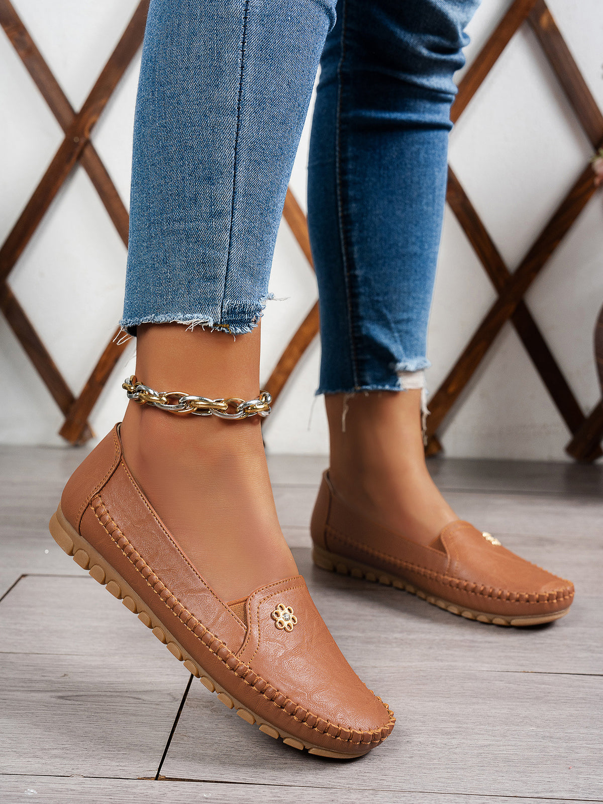 Large Size Women's Loafers in PU - Camel Color