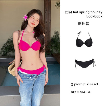 Pink Rose Red Bikini Swimsuit with Steel Support