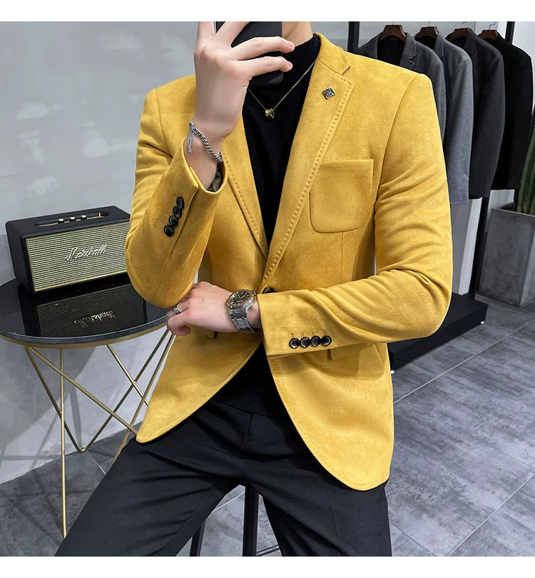 Men's Deerskin Fleece Blazer Single Button Suit Coat