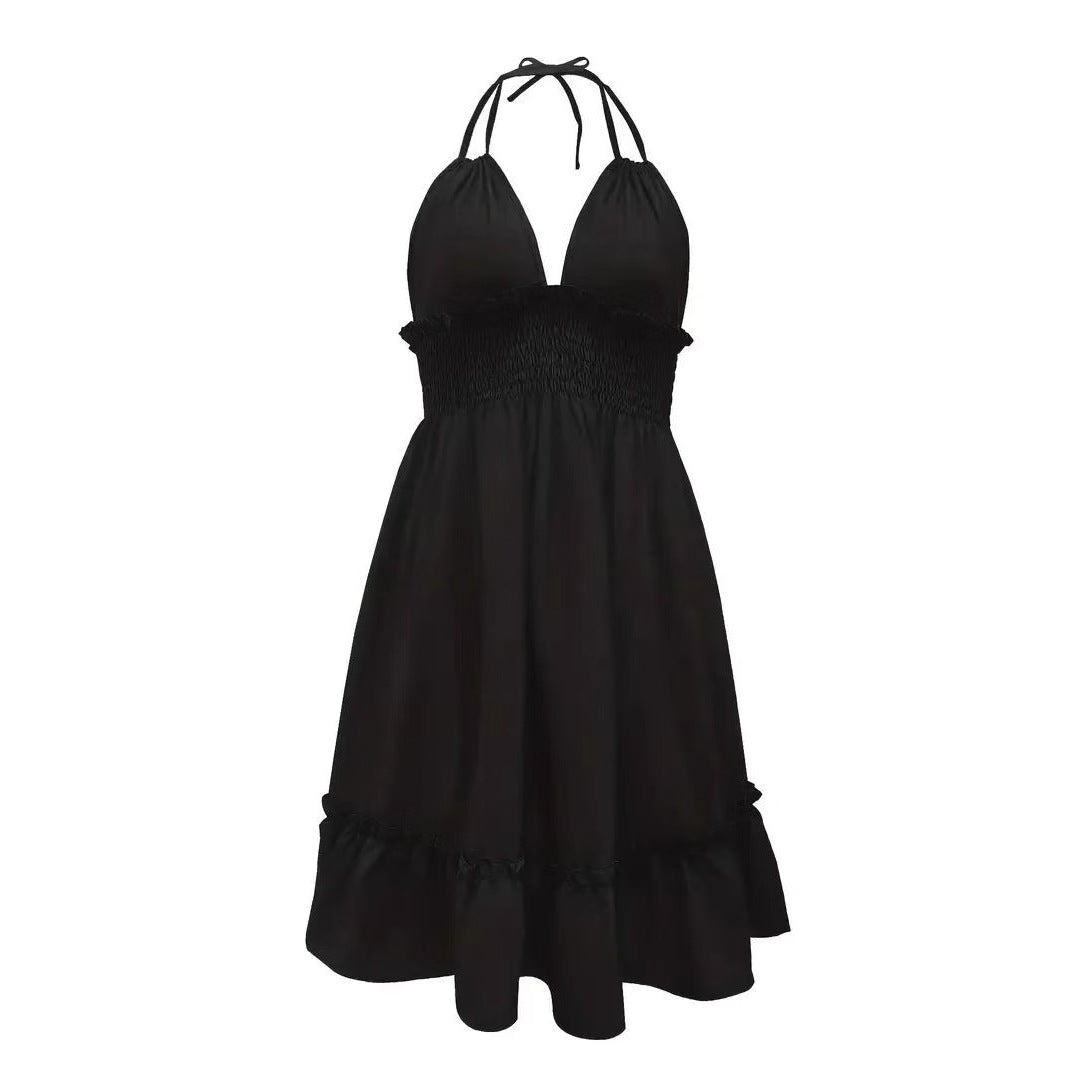 Deep V Rope Suspender Pleated Dress in Olive Green