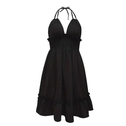 Deep V Rope Suspender Pleated Dress in Olive Green