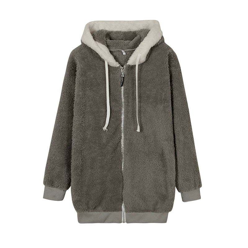 Loose Plush Zipper Hooded Jacket for Women