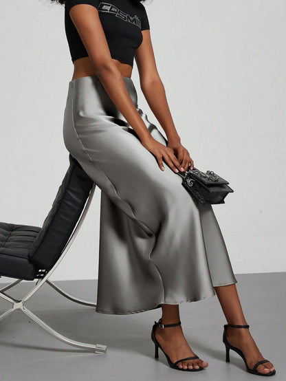 Elegant Satin Midi Skirt in Solid Colors