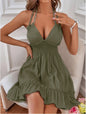 Deep V Rope Suspender Pleated Dress in Olive Green