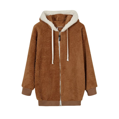 Loose Plush Zipper Hooded Jacket for Women