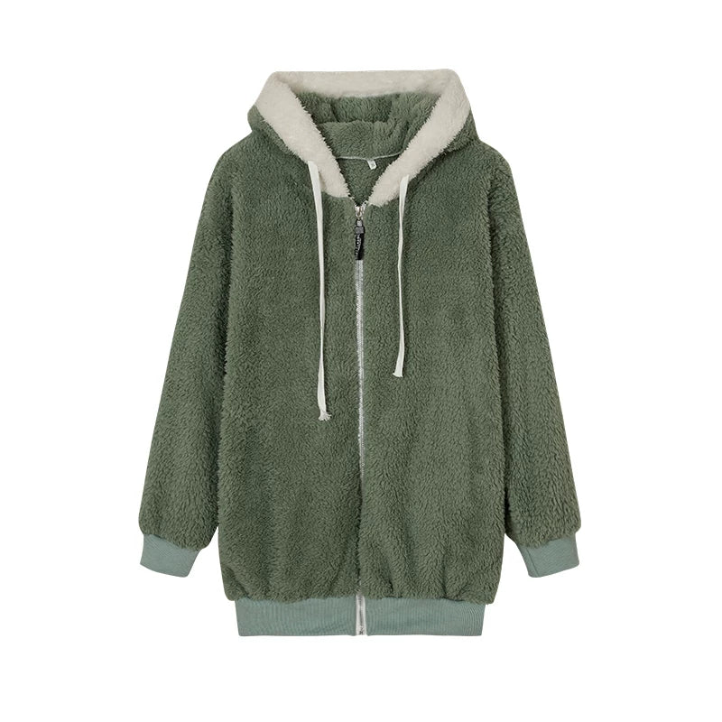 Loose Plush Zipper Hooded Jacket for Women