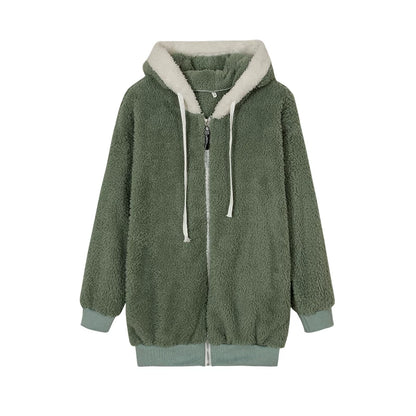 Loose Plush Zipper Hooded Jacket for Women