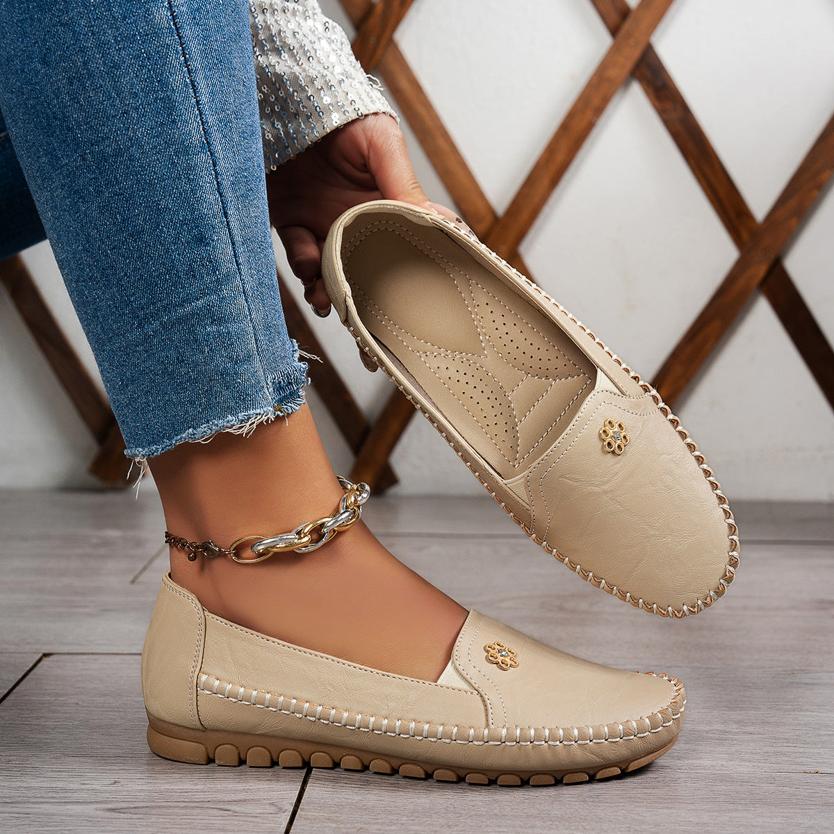 Large Size Women's Loafers in PU - Camel Color