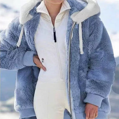 Loose Plush Zipper Hooded Jacket for Women