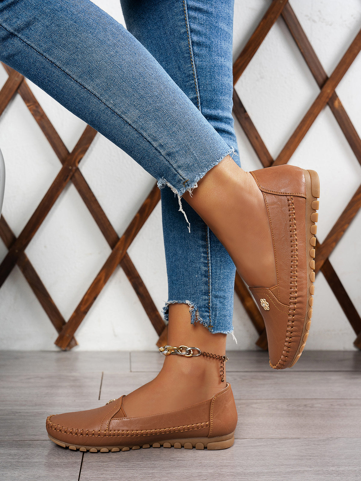 Large Size Women's Loafers in PU - Camel Color