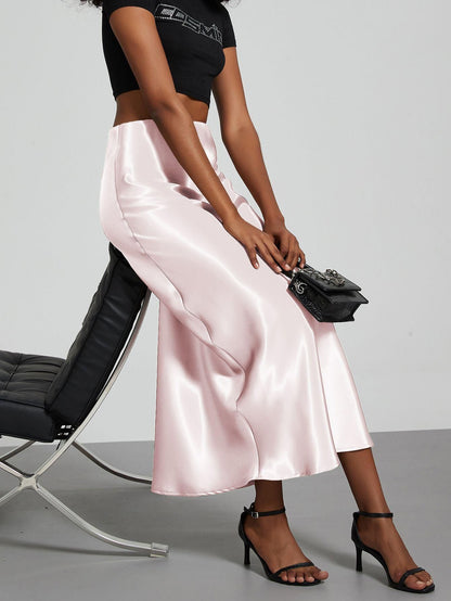 Elegant Satin Midi Skirt in Solid Colors