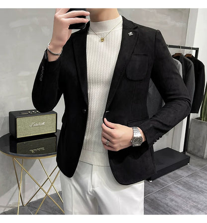 Men's Deerskin Fleece Blazer Single Button Suit Coat