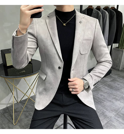 Men's Deerskin Fleece Blazer Single Button Suit Coat
