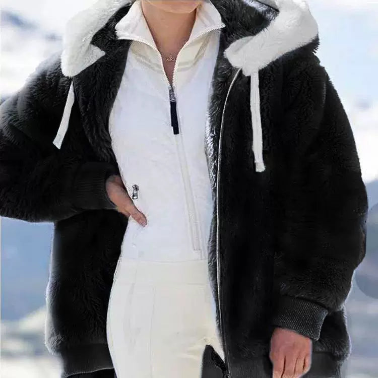 Loose Plush Zipper Hooded Jacket for Women