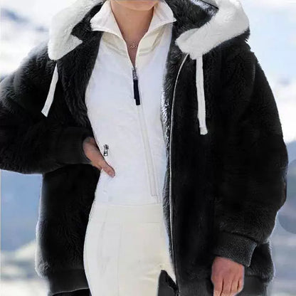 Loose Plush Zipper Hooded Jacket for Women