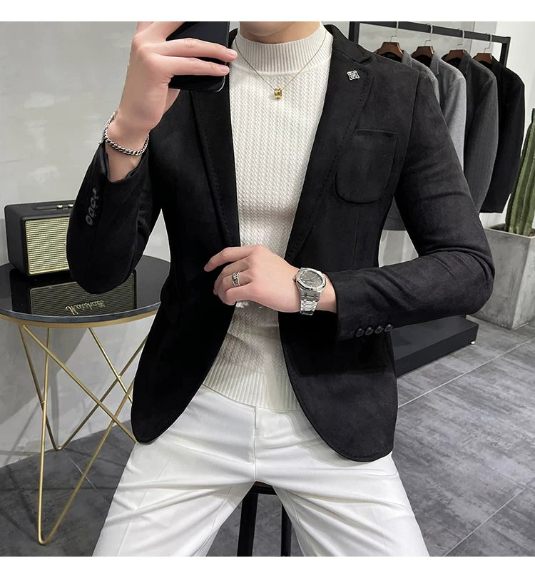 Men's Deerskin Fleece Blazer Single Button Suit Coat